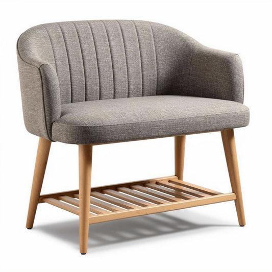 Sitzbank aus grauem stoff mit holzbeinen und unterregal 80 x 70 x 70cm