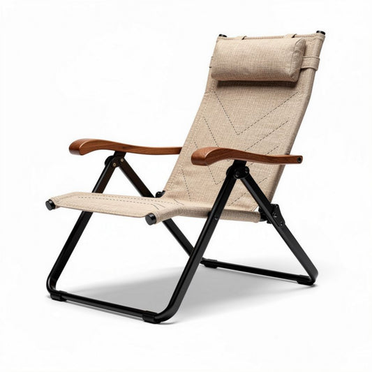 Faltbarer gartenstuhl aus textil und kunststoff in beige mit holzarmlehnen