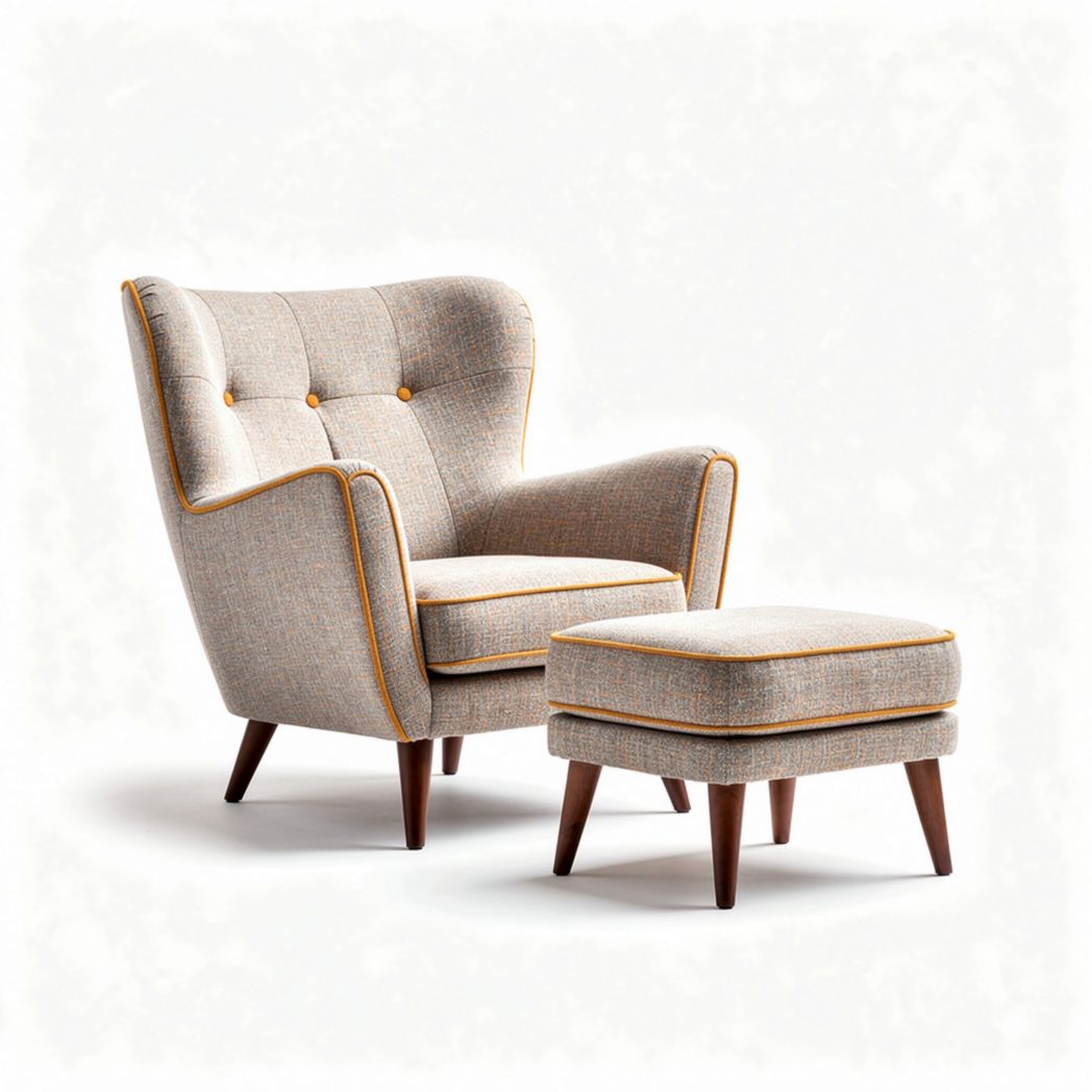 Sessel mit ottoman aus textil in beige mit braunem rand 75 x 80 x 90cm
