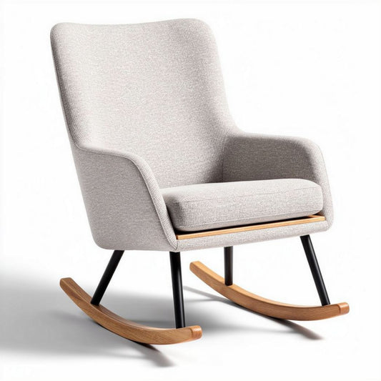 Schaukelstuhl aus textil und holz in beige mit den maßen 80 x 70 x 90 cm
