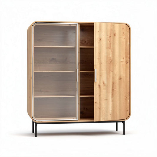 Holzschrank mit glastür und regalen aus birke 80 x 40 x 120cm