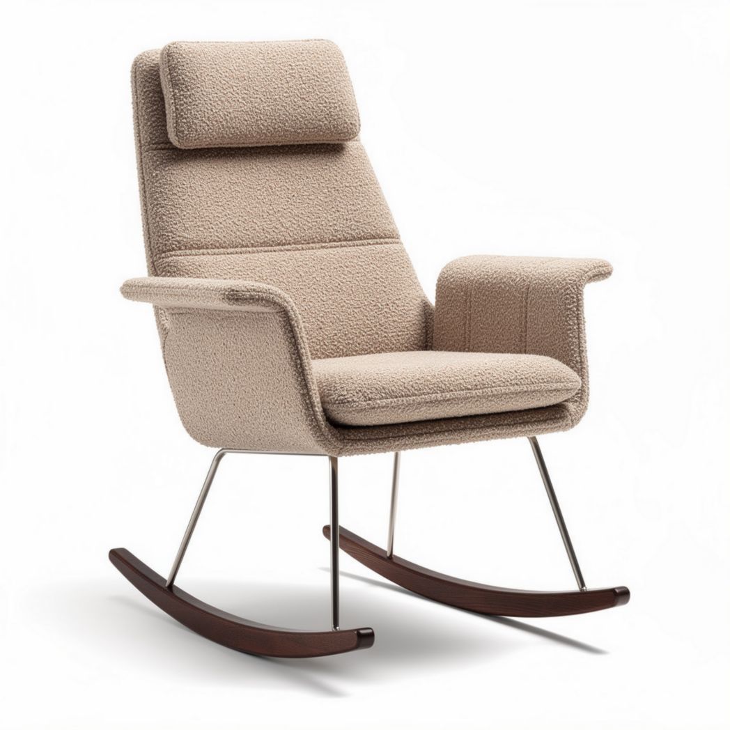 Schaukelstuhl aus Stoff in beige mit Kopfstütze und Metallgestell 85 x 70 x 100cm